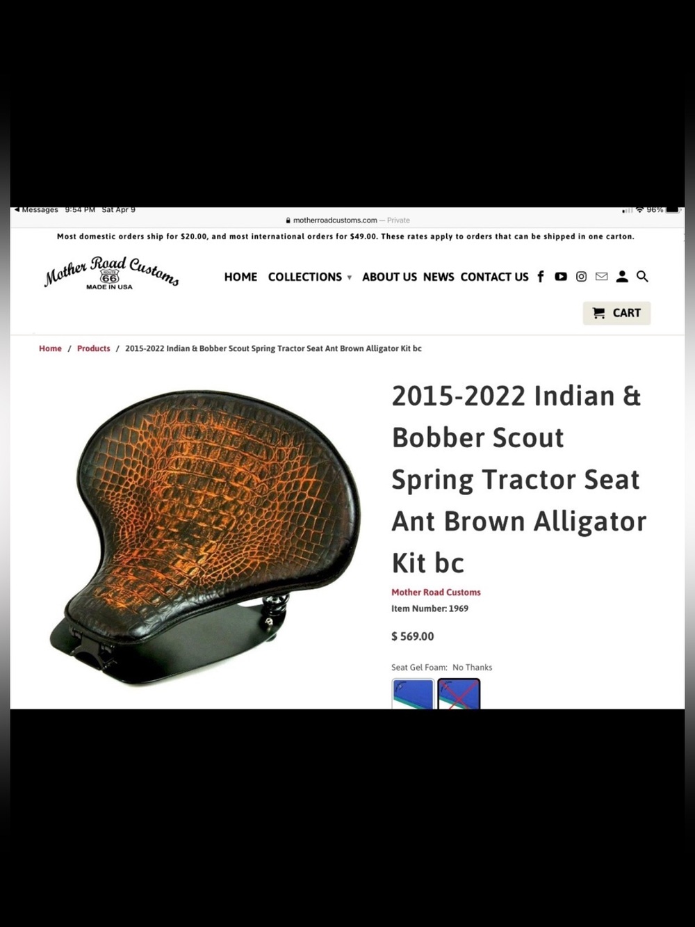 New Indian Scout Motorcycle Alligator Leather Spring Seat